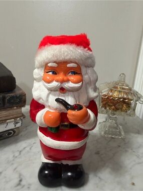 Festive Red Santa Claus Figurine with Pipe Musical Working Bank